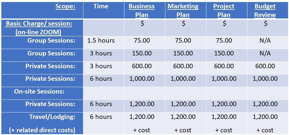Business Planning Coaching Fees Table